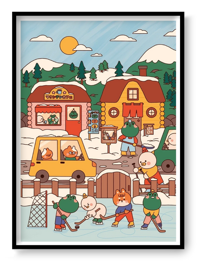 Mountain Village by Niniwanted, a colorful vertical digital art print of cute animal characters playing ice hockey in a snowy Japanese-inspired village, with cozy cabins, pine trees, and mountains.