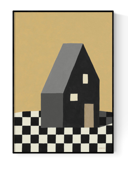 Minimalist house illustration titled “Home I” by MPGMB, featuring a geometric dark house on a black-and-white checkerboard surface with a warm beige background – modern art print on 250g paper, size 30x40 cm.