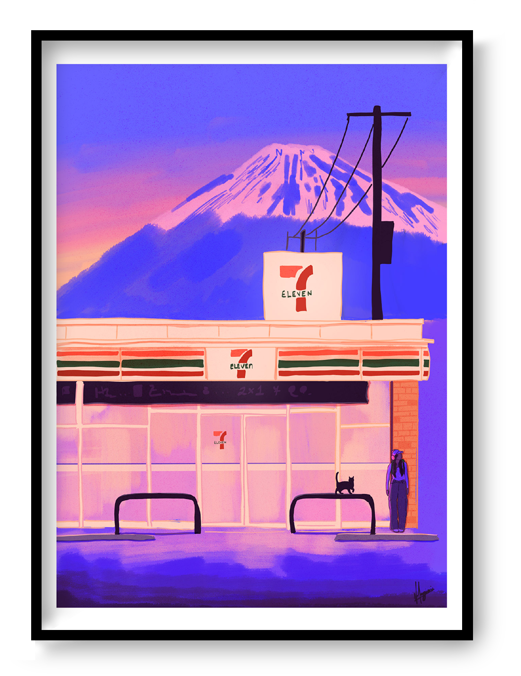 Colourful vertical giclée print of a Japanese street glowing at night, with shops, lanterns and Mount Fuji beneath a deep blue sky, ideal as travel-inspired wall art.