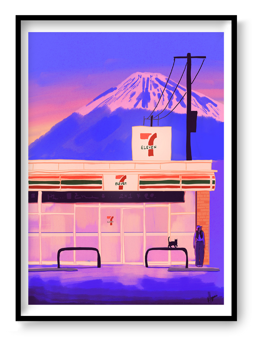 Colourful vertical giclée print of a Japanese street glowing at night, with shops, lanterns and Mount Fuji beneath a deep blue sky, ideal as travel-inspired wall art.