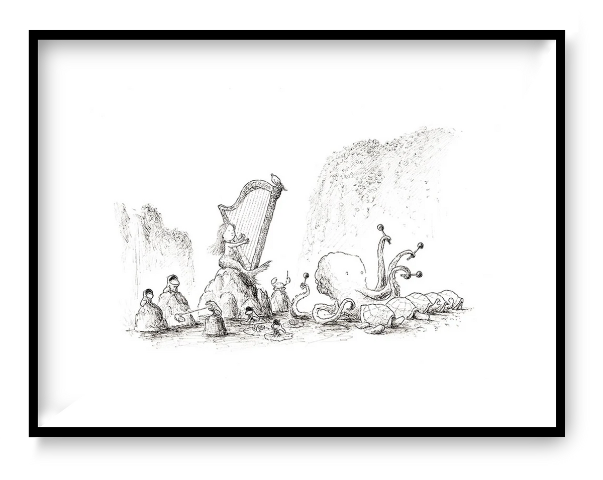 Detailed monochrome illustration titled Vessel by Willy Leung featuring a paper sailboat floating across the pages of an open book surrounded by towering library books, tiny creatures, and intricate pen-drawn textures. Literary surreal art print available in A4 and 30 x 40 cm.