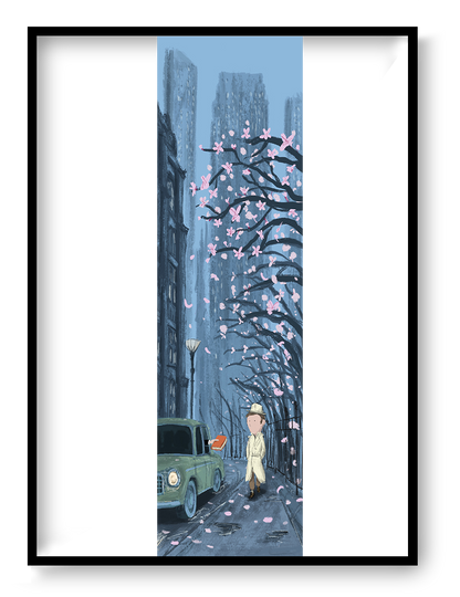 Mystery giclée art print by Willy Leung in vertical format depicting a quiet city street scene with subtle tension and storytelling atmosphere, printed on fine art paper.