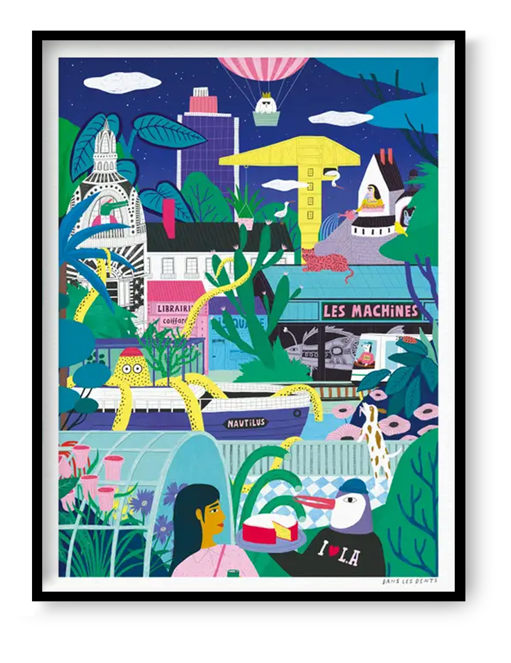 Colorful Nantes illustration art print featuring surreal cityscape with plants, animals, hot air balloon and playful characters, 30x40 cm wall art