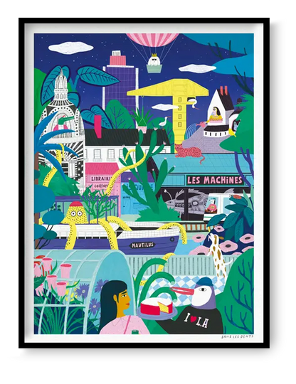 Colorful Nantes illustration art print featuring surreal cityscape with plants, animals, hot air balloon and playful characters, 30x40 cm wall art