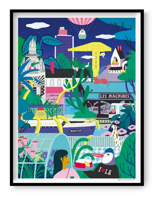 Colorful Nantes illustration art print featuring surreal cityscape with plants, animals, hot air balloon and playful characters, 30x40 cm wall art