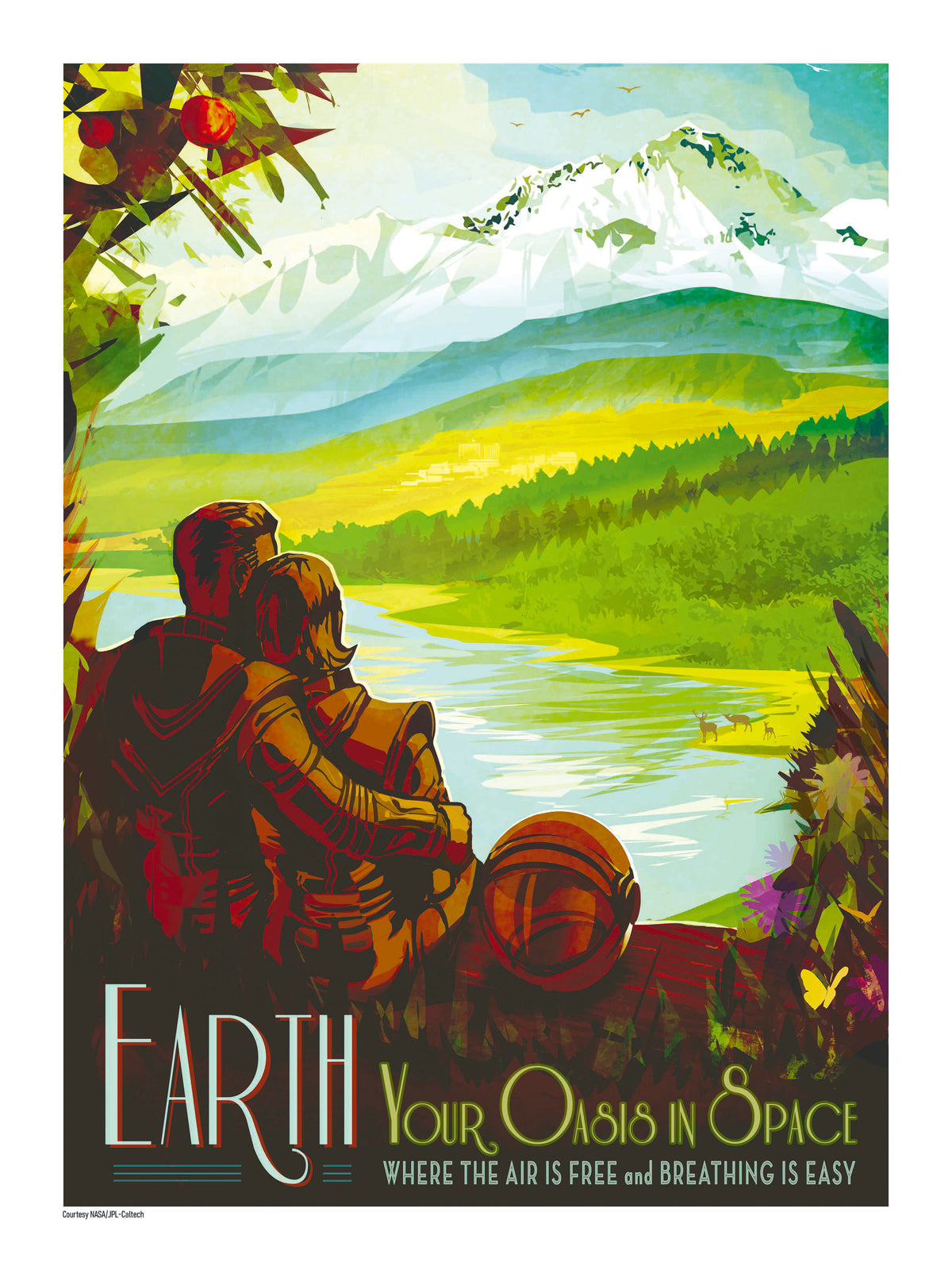 NASA Earth retro travel poster showing a couple overlooking a vivid mountain lake landscape, with green, blue, yellow and orange tones. Vertical digital print for colourful wall art and home decor.