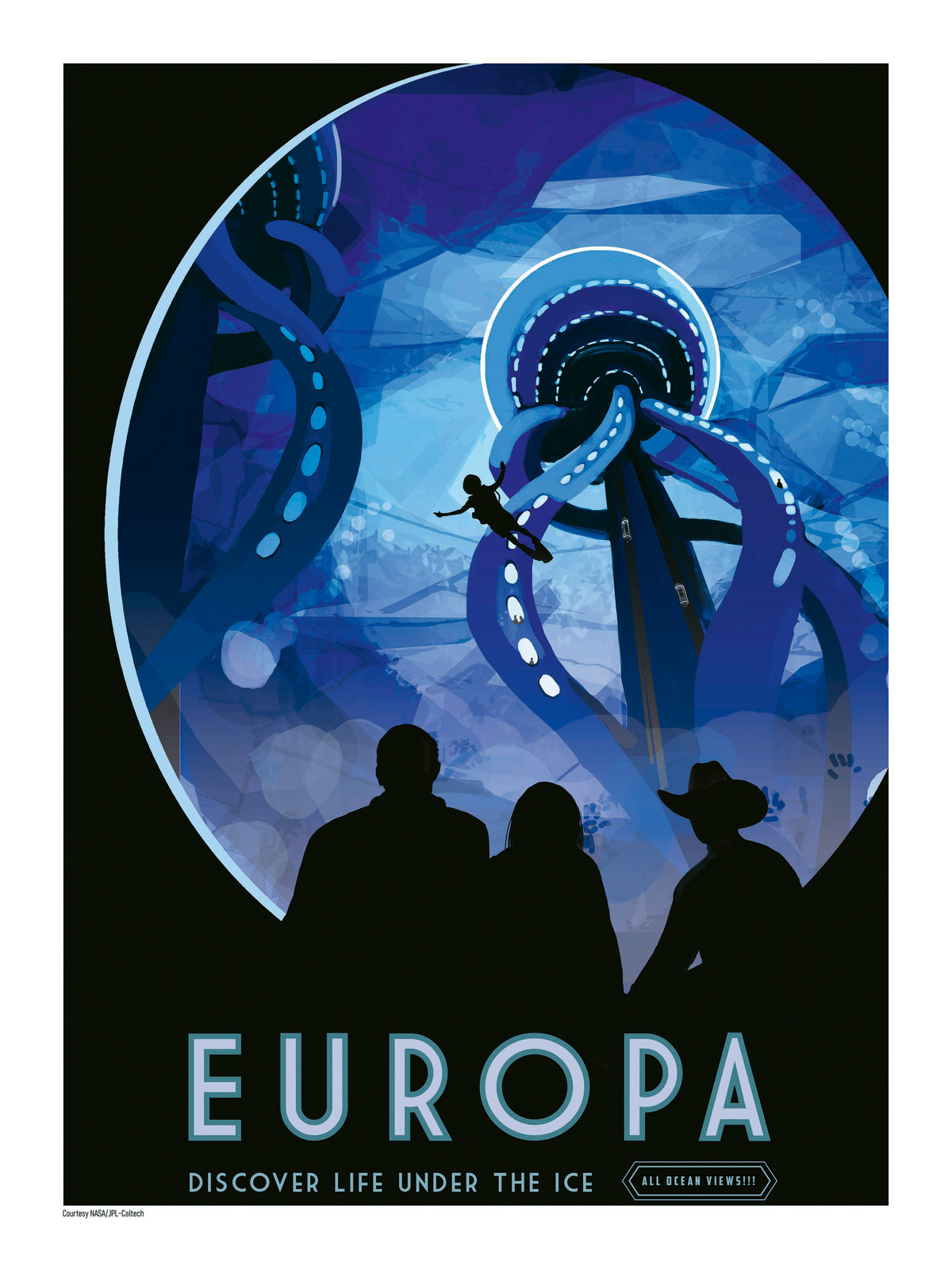 NASA Europa digital print showing an imagined underwater expedition beneath Jupiter’s icy moon, in deep blue and black tones with a retro space-poster style. Vertical wall art for modern interiors.