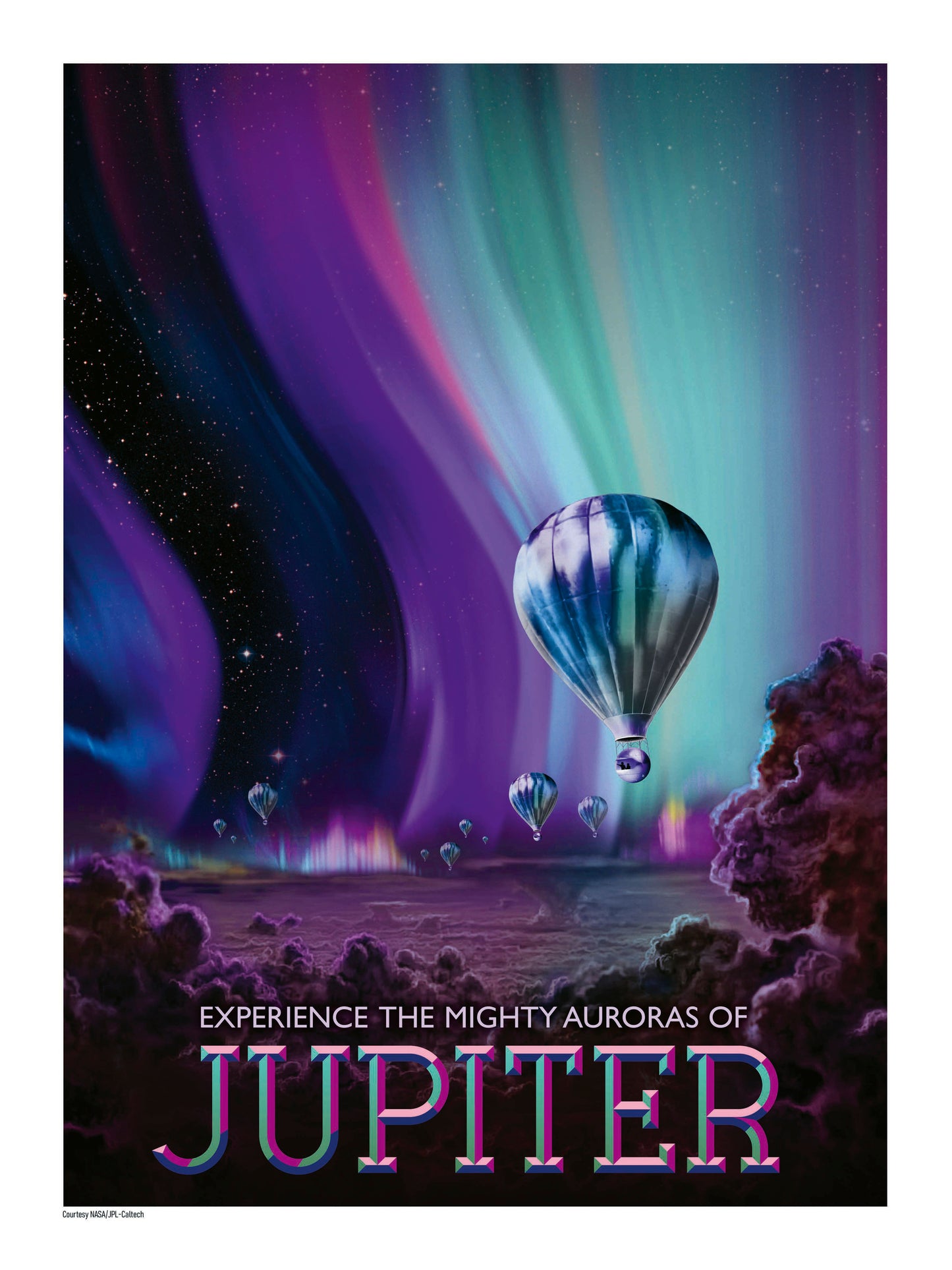 NASA Jupiter digital print showing hot-air balloons floating beneath vivid purple, turquoise and blue auroras, vertical retro-futurist space wall art for colourful home decor.