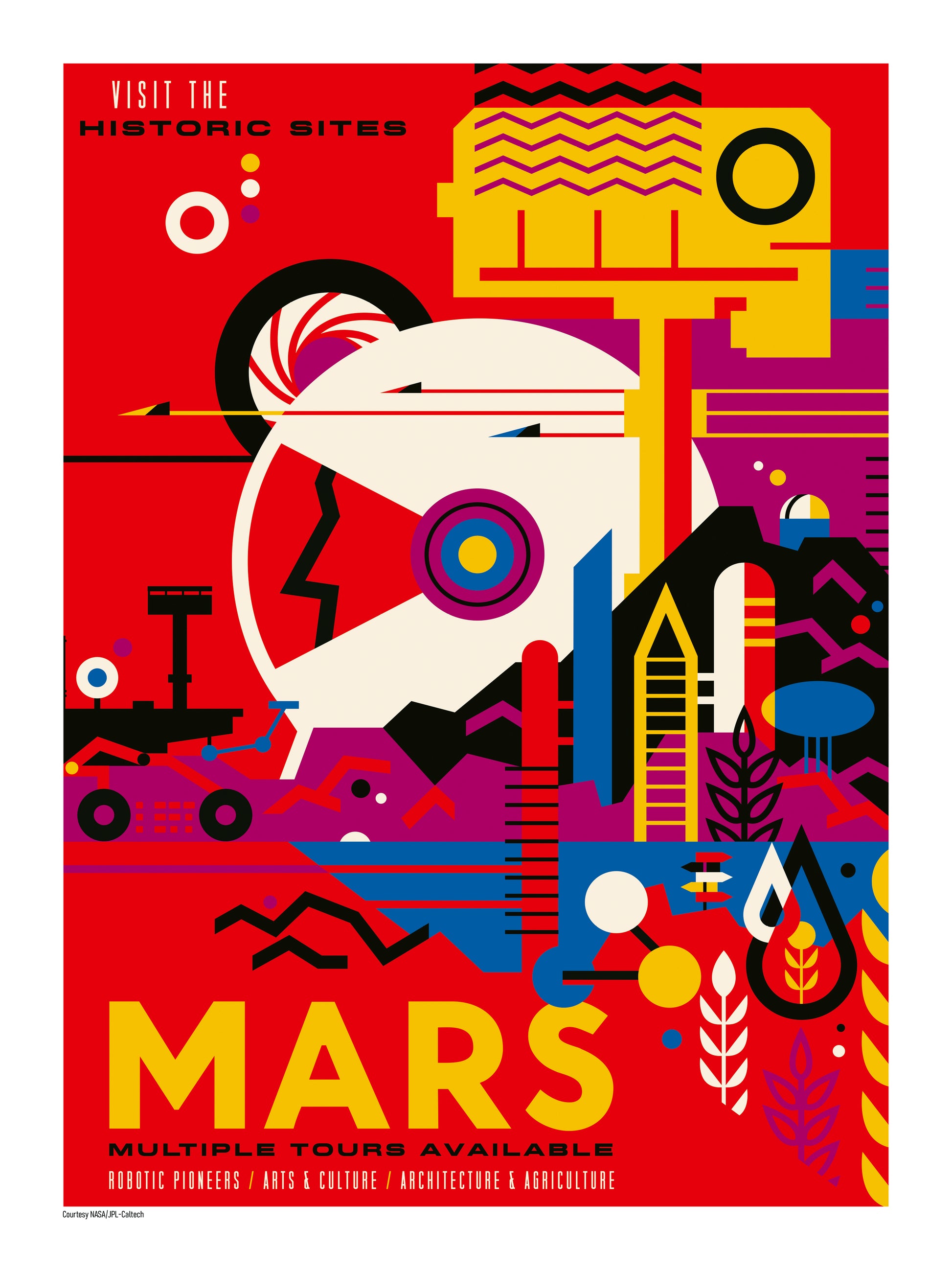 NASA Mars vertical art print featuring bold red, yellow, blue and black geometric graphics in a retro-futurist travel poster style, ideal as colourful wall art for modern home decor.
