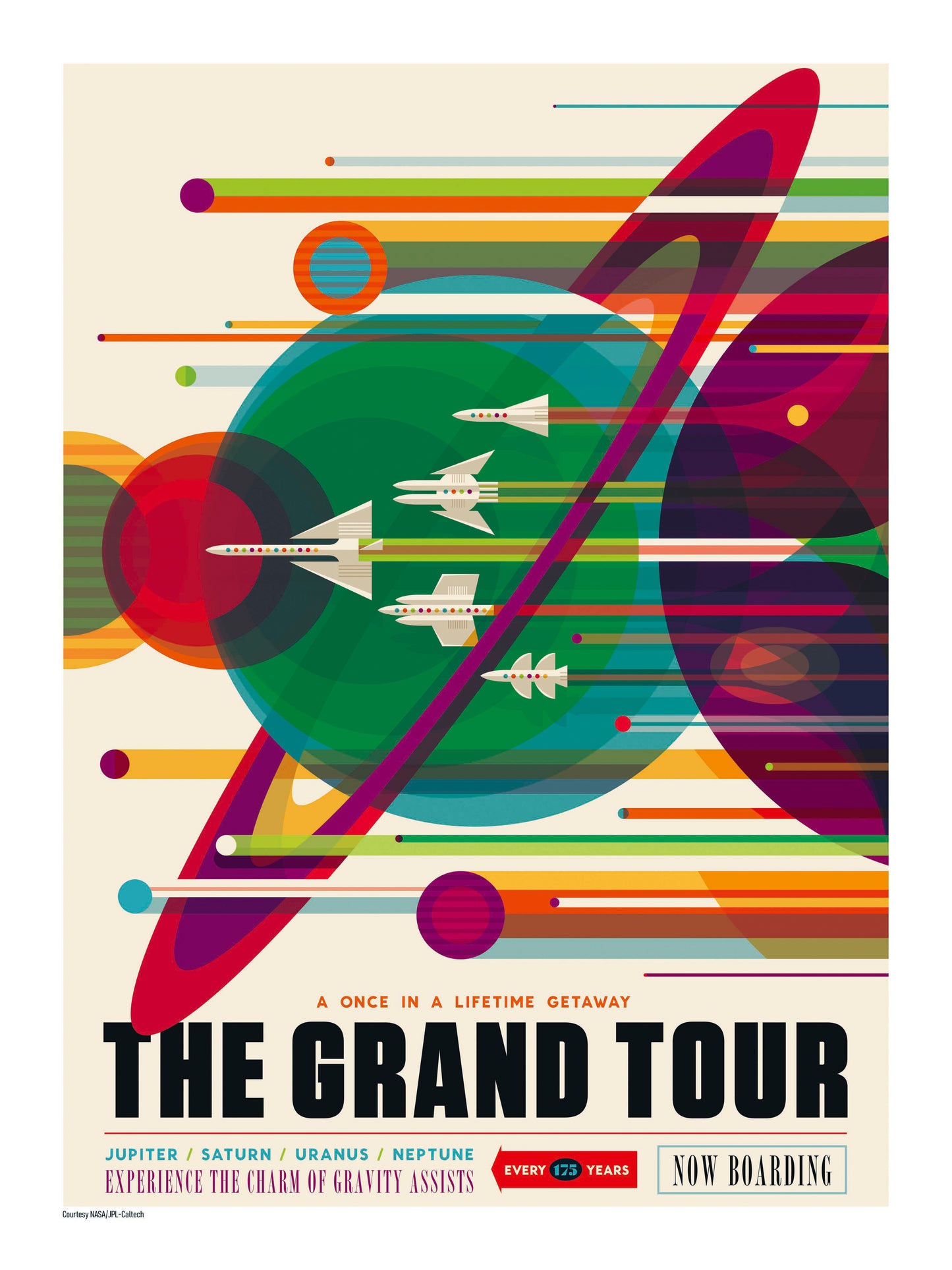 The Grand Tour NASA digital print featuring colourful retro-futurist planets, spacecraft and Saturn rings in a vertical poster design, ideal as bold space-themed wall art.