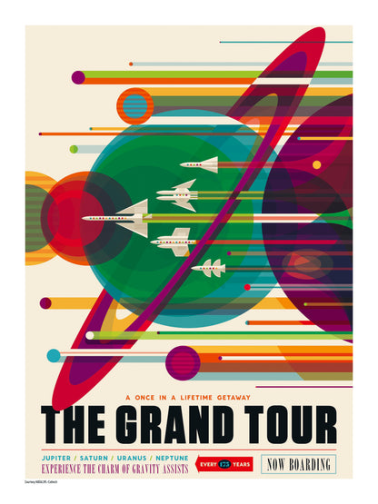 The Grand Tour NASA digital print featuring colourful retro-futurist planets, spacecraft and Saturn rings in a vertical poster design, ideal as bold space-themed wall art.