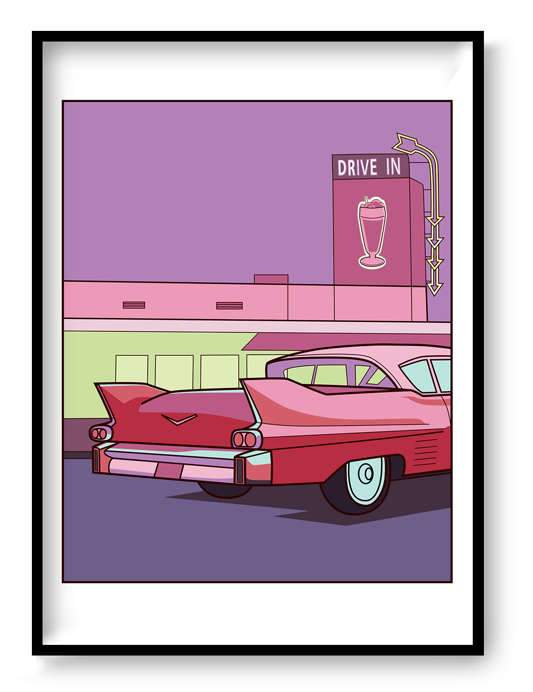 Retro Americana A3 art print by Floor 4 Productions featuring a pink vintage car in front of a neon drive-in diner with purple and pink tones.