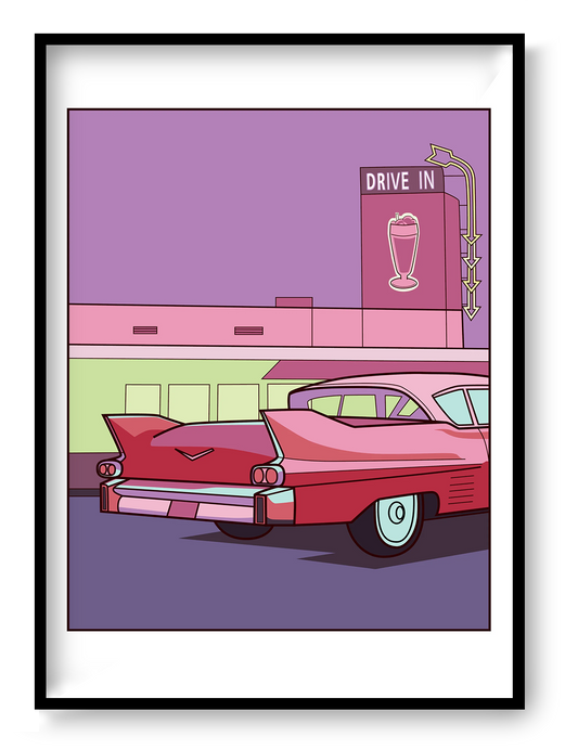 Retro Americana A3 art print by Floor 4 Productions featuring a pink vintage car in front of a neon drive-in diner with purple and pink tones.