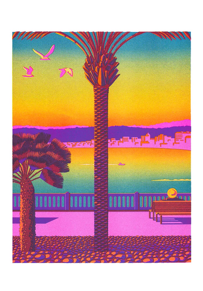 Colorful vertical Risograph print of Nice by Thomas Hayman, featuring palm trees, birds, Mediterranean sea views and a vivid pink, yellow, orange, blue and purple sunset, ideal as bright contemporary wall art.