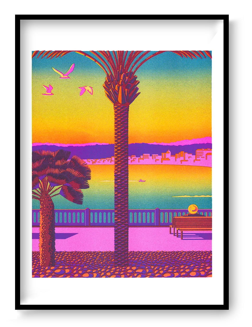 Colorful vertical Risograph print of Nice by Thomas Hayman, featuring palm trees, birds, Mediterranean sea views and a vivid pink, yellow, orange, blue and purple sunset, ideal as bright contemporary wall art.