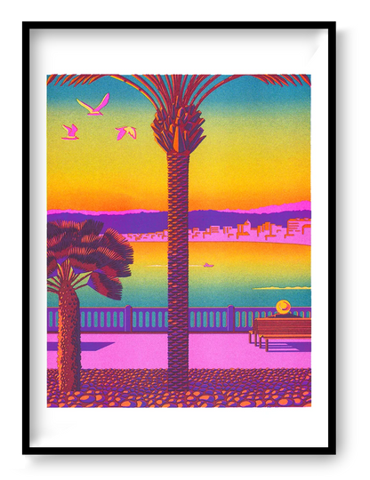 Colorful vertical Risograph print of Nice by Thomas Hayman, featuring palm trees, birds, Mediterranean sea views and a vivid pink, yellow, orange, blue and purple sunset, ideal as bright contemporary wall art.