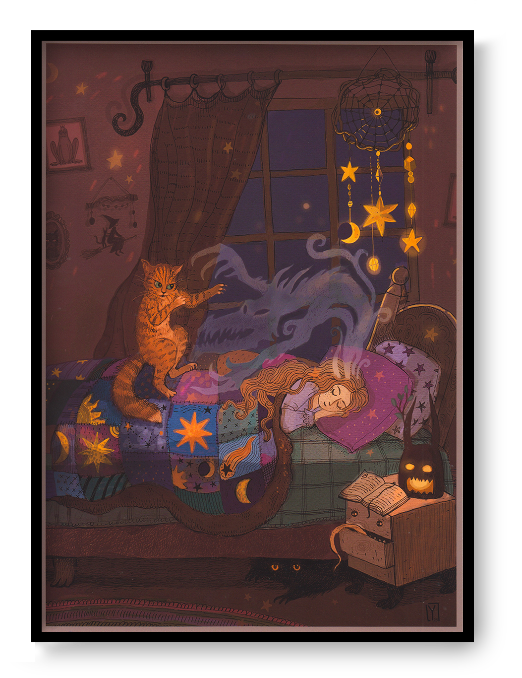 Whimsical fantasy bedroom illustration featuring a sleeping girl, magical dream dragon, protective cat, glowing stars, dreamcatcher and witchy decor. Detailed vertical giclée art print in warm purple, gold and blue tones for cozy home decor.