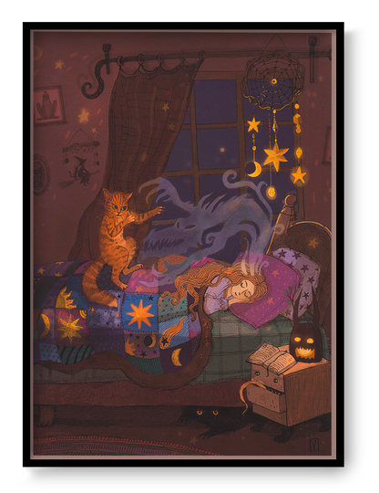 Whimsical fantasy bedroom illustration featuring a sleeping girl, magical dream dragon, protective cat, glowing stars, dreamcatcher and witchy decor. Detailed vertical giclée art print in warm purple, gold and blue tones for cozy home decor.