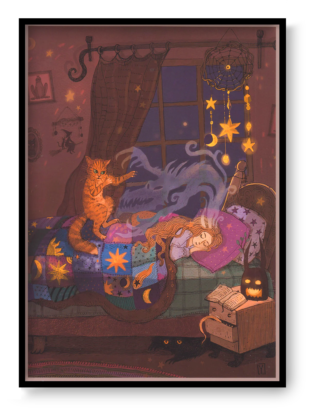 Whimsical fantasy bedroom illustration featuring a sleeping girl, magical dream dragon, protective cat, glowing stars, dreamcatcher and witchy decor. Detailed vertical giclée art print in warm purple, gold and blue tones for cozy home decor.