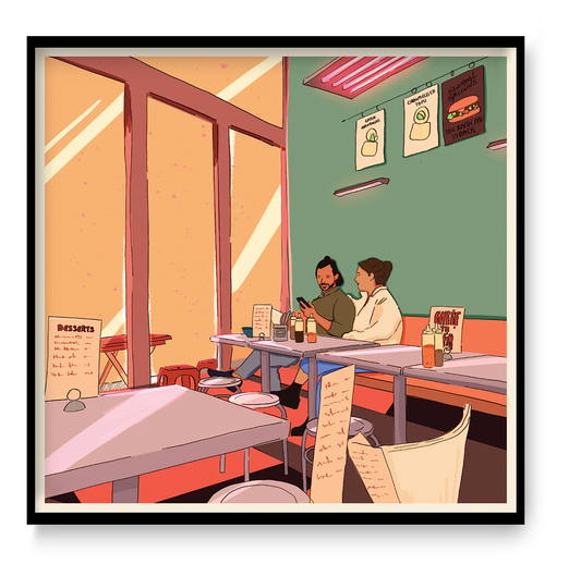 couple eating noodles in cozy restaurant interior illustration modern food lifestyle wall art kitchen dining room decor print