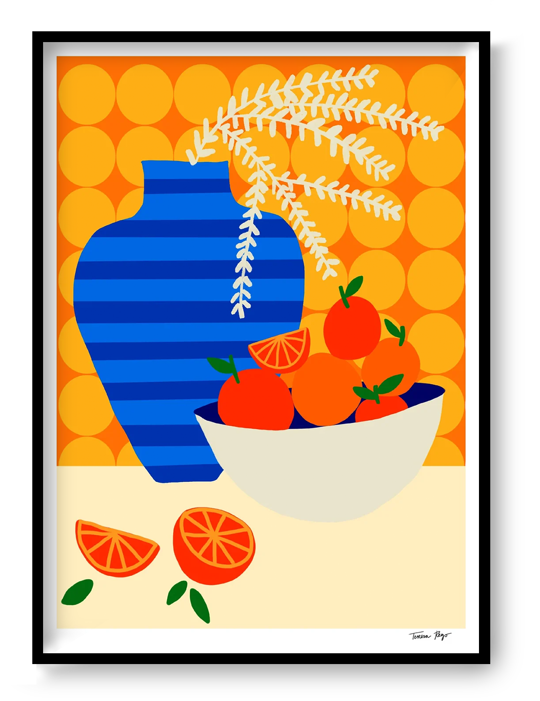 Colourful A3 giclée print by Teresa Rego featuring oranges, a striped blue vase and bold retro kitchen patterns in a vertical contemporary still-life composition.