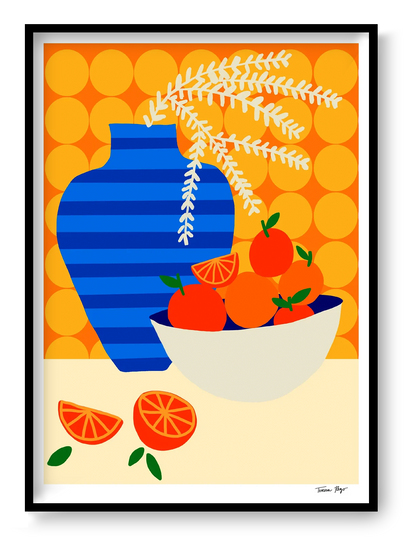 Colourful A3 giclée print by Teresa Rego featuring oranges, a striped blue vase and bold retro kitchen patterns in a vertical contemporary still-life composition.