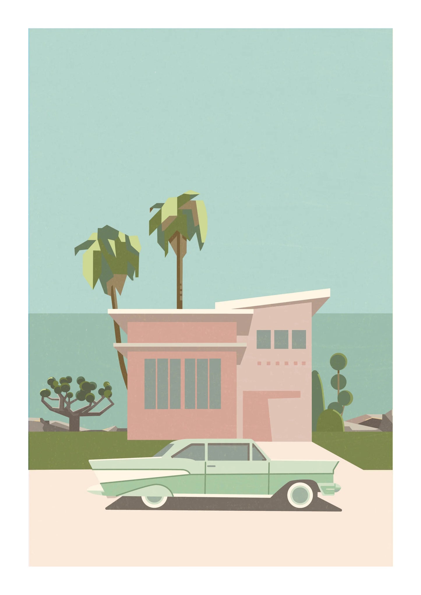 Minimalist illustration of a pastel mid-century house with palm trees and a vintage mint green car in front, titled Palm Springs by Floor 4 Productions – A3 art print.
