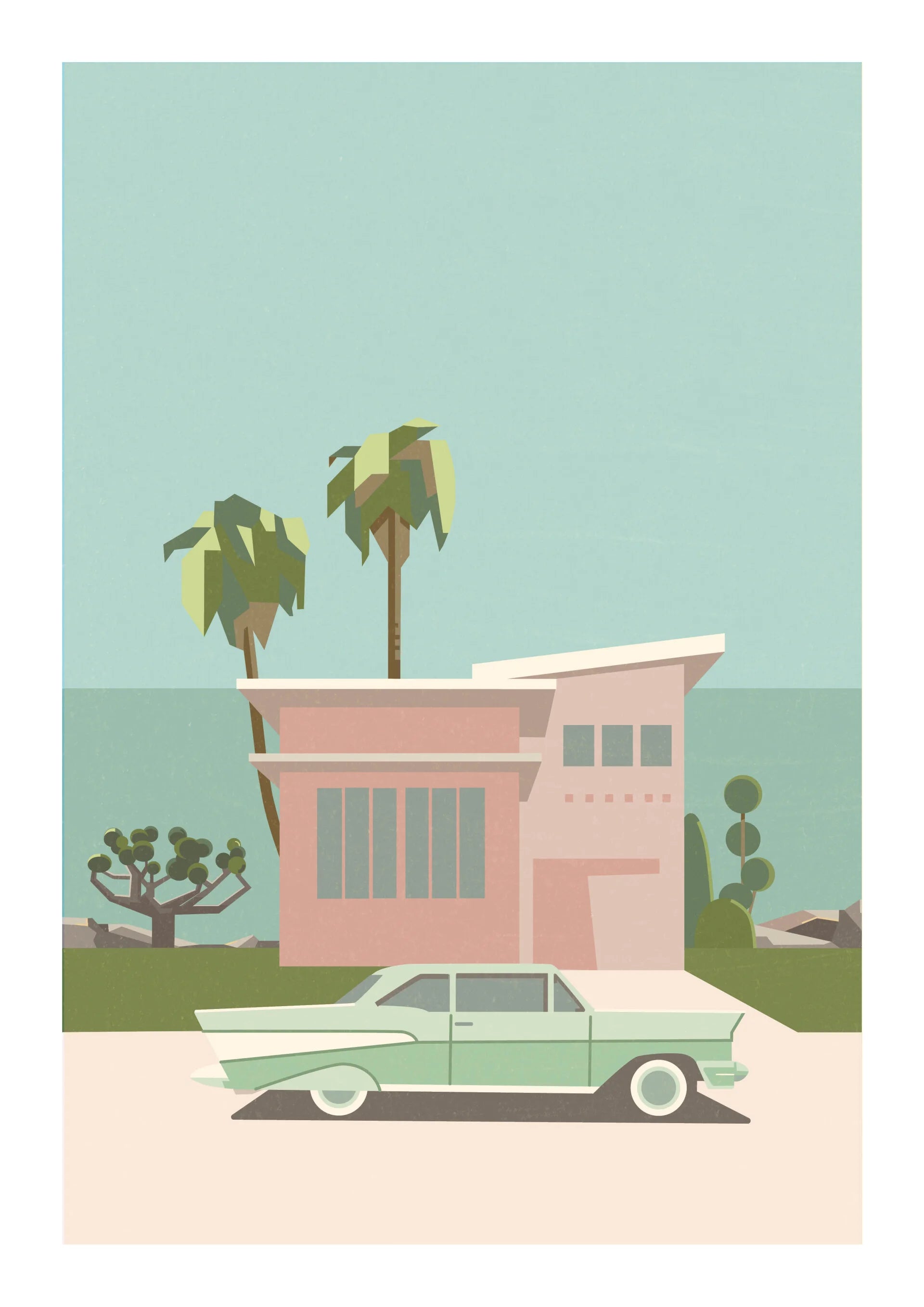 Minimalist illustration of a pastel mid-century house with palm trees and a vintage mint green car in front, titled Palm Springs by Floor 4 Productions – A3 art print.