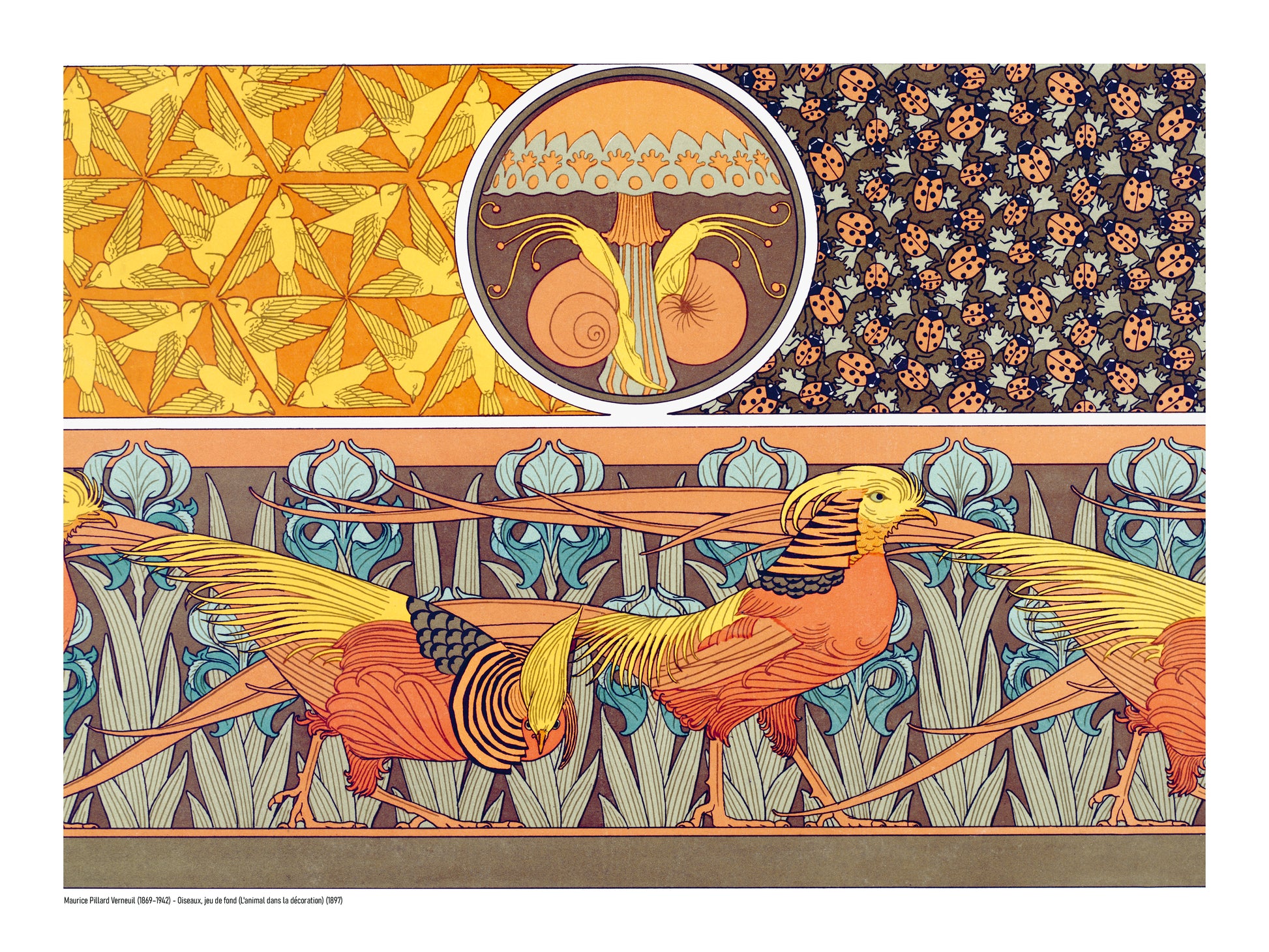 Birds, insects and botanical motifs by Maurice Pillard Verneuil in orange, yellow, blue and brown, shown as a horizontal Art Nouveau digital print for colourful wall decor.