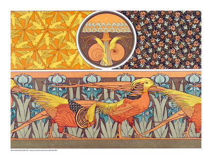 Birds, insects and botanical motifs by Maurice Pillard Verneuil in orange, yellow, blue and brown, shown as a horizontal Art Nouveau digital print for colourful wall decor.