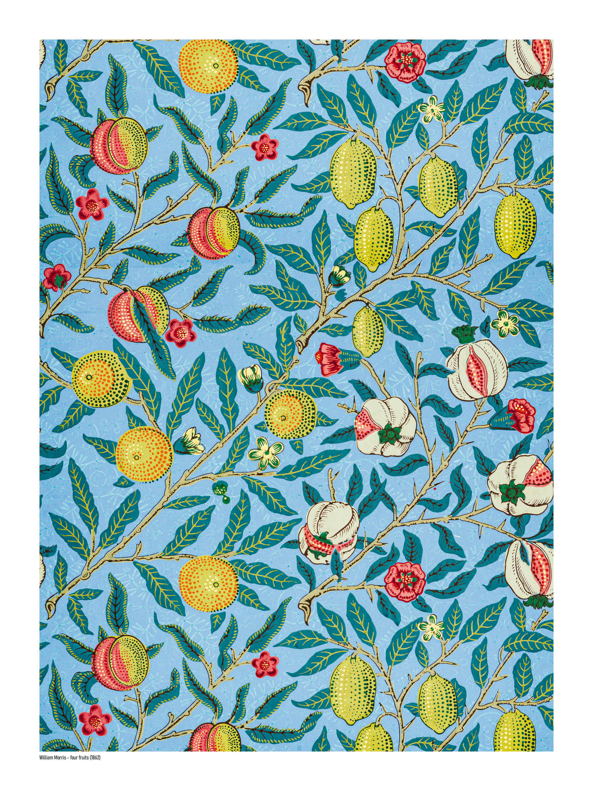 Four Fruits by William Morris, vertical botanical digital print with citrus fruits, pomegranates, flowers and green leaves on a light blue background, ideal as colorful wall art.