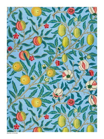 Four Fruits by William Morris, vertical botanical digital print with citrus fruits, pomegranates, flowers and green leaves on a light blue background, ideal as colorful wall art.