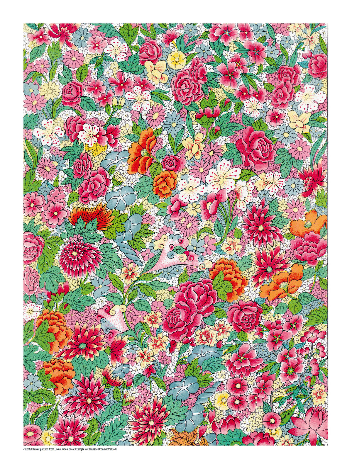 Chinese Flower Pattern by Owen Jones featuring dense pink, red, orange, blue and green flowers and leaves in an ornate Chinese-inspired decorative style, vertical digital print for colorful wall decor.