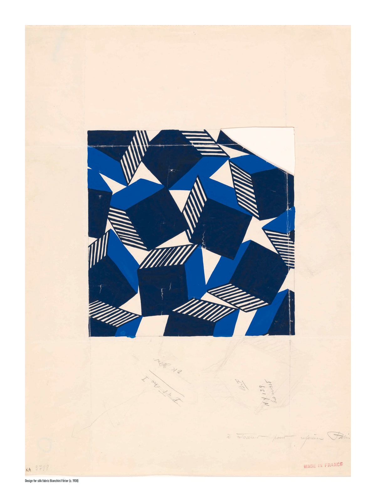 Geometric Bianchini-Férier silk fabric design with deep blue, navy and cream angular shapes and striped details, digitally printed in portrait format as graphic wall art.