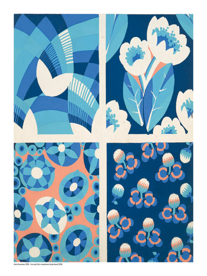 Four Plant Form Compositions by André Durenceau, portrait botanical design with geometric flowers and patterns in blue, turquoise, coral and cream, reproduced as a digital print for colorful wall decor.