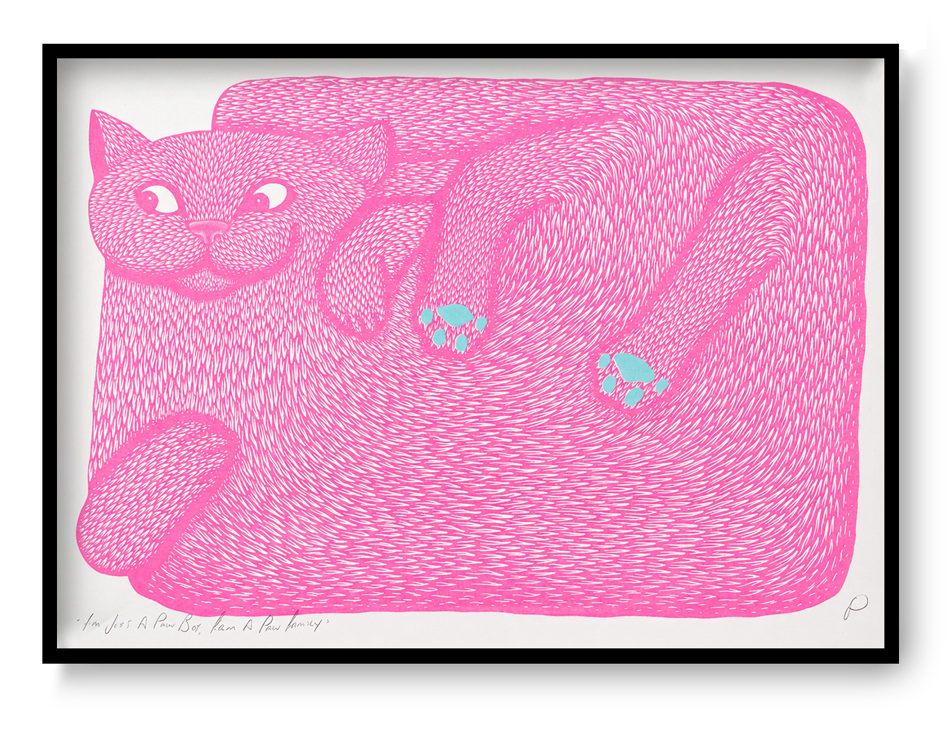 Fluorescent pink reclining cat with mint green paw pads, illustrated in Strangford’s quirky graphic style. Horizontal A3 risograph print for playful cat wall art and contemporary home decor.