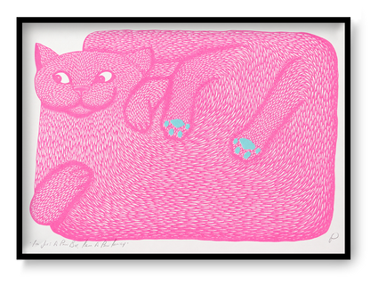 Fluorescent pink reclining cat with mint green paw pads, illustrated in Strangford’s quirky graphic style. Horizontal A3 risograph print for playful cat wall art and contemporary home decor.