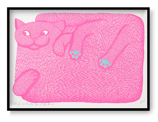 Fluorescent pink reclining cat with mint green paw pads, illustrated in Strangford’s quirky graphic style. Horizontal A3 risograph print for playful cat wall art and contemporary home decor.