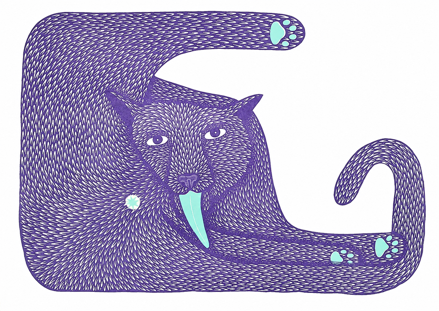 Purple cat risograph art print with elongated body, curled tail, mint tongue and paw details, bold graphic texture and landscape format for playful modern wall decor.