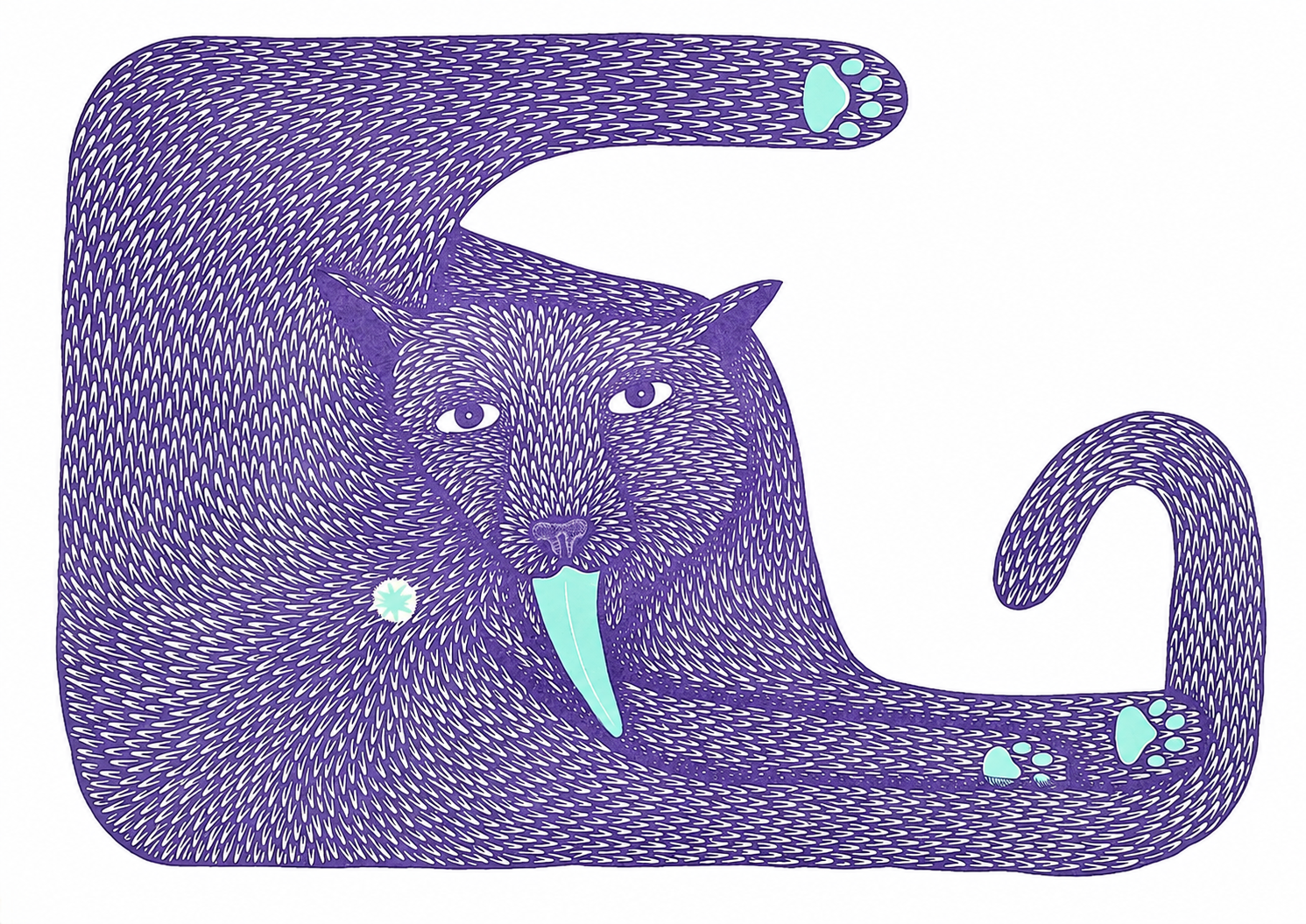 Purple cat risograph art print with elongated body, curled tail, mint tongue and paw details, bold graphic texture and landscape format for playful modern wall decor.