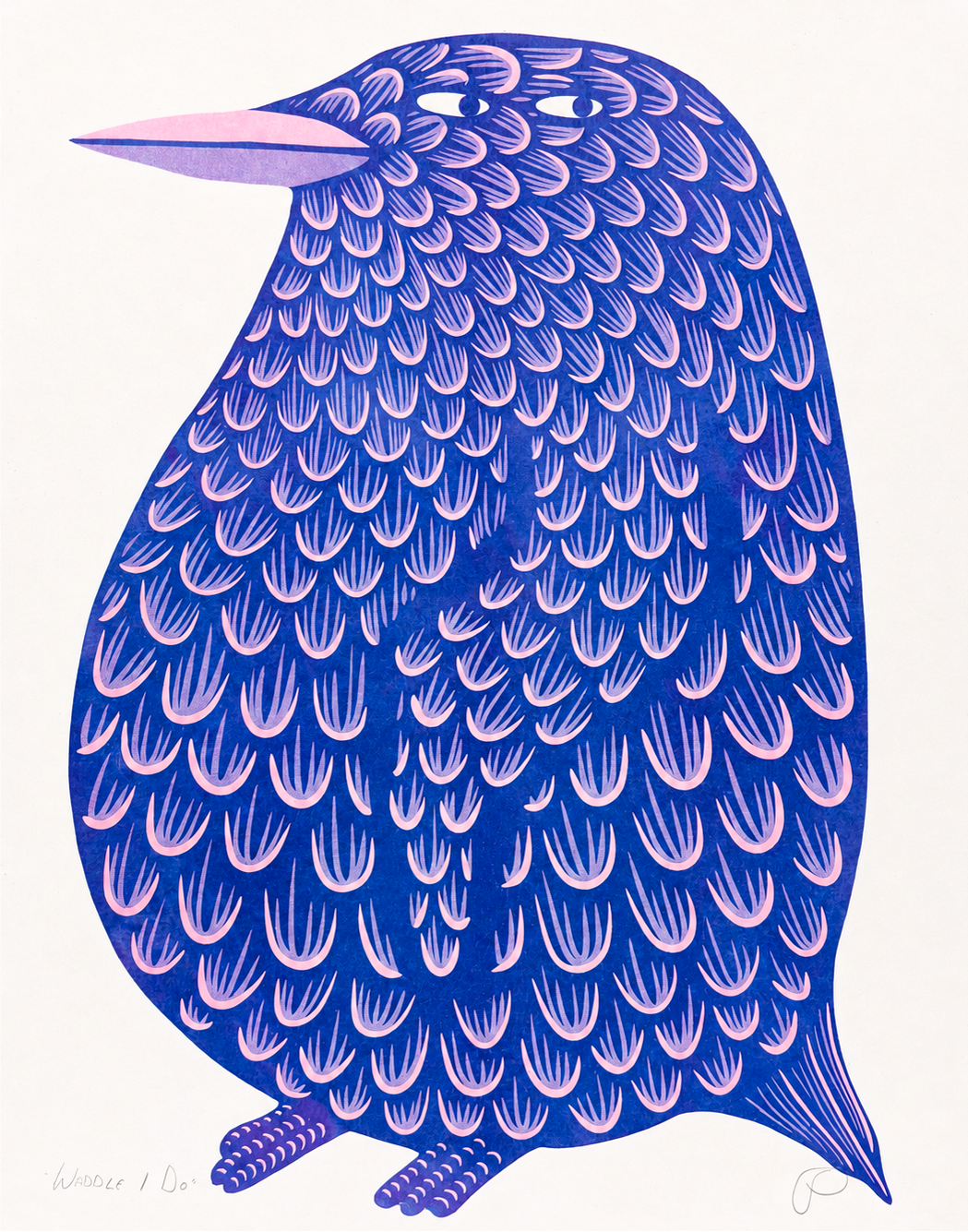 Blue and pink penguin risograph by Strangford, shown in portrait orientation with patterned feathers and a humorous expression, playful wall art for colourful contemporary home decor.