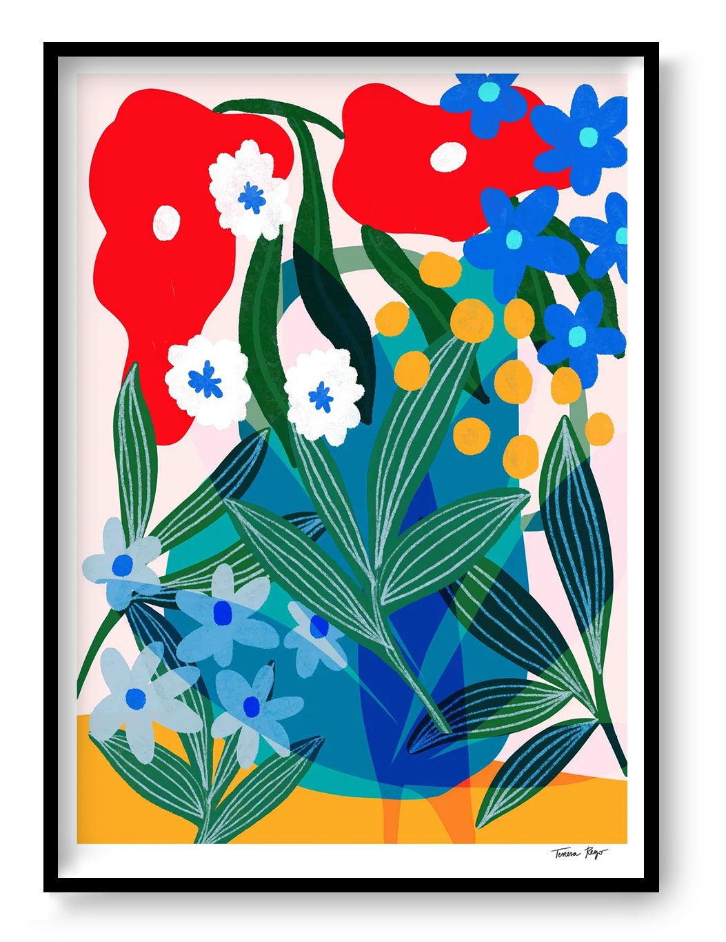 Colourful portrait-format giclée art print by Teresa Rego featuring oversized petunias and lush leaves in red, blue, green and yellow, ideal for bright contemporary wall decor.