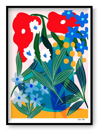 Colourful portrait-format giclée art print by Teresa Rego featuring oversized petunias and lush leaves in red, blue, green and yellow, ideal for bright contemporary wall decor.