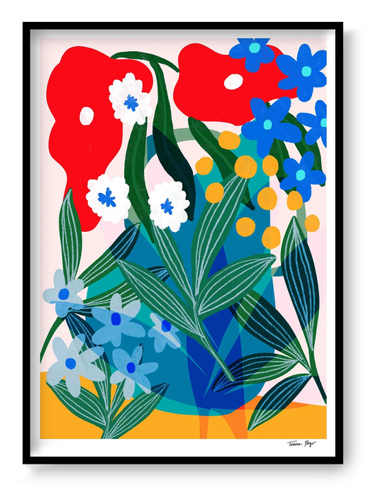 Colourful portrait-format giclée art print by Teresa Rego featuring oversized petunias and lush leaves in red, blue, green and yellow, ideal for bright contemporary wall decor.