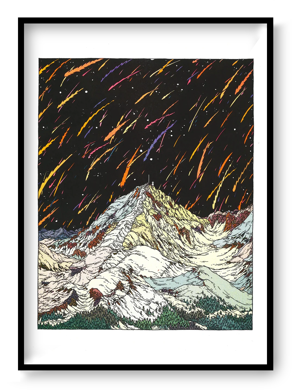 Pic Du Midi by Clément Vuillier, vertical risograph art print showing snowy mountain peaks beneath a black sky with orange, pink, purple and yellow streaks, ideal as bold contemporary wall art.