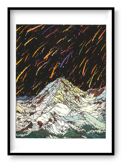 Pic Du Midi by Clément Vuillier, vertical risograph art print showing snowy mountain peaks beneath a black sky with orange, pink, purple and yellow streaks, ideal as bold contemporary wall art.