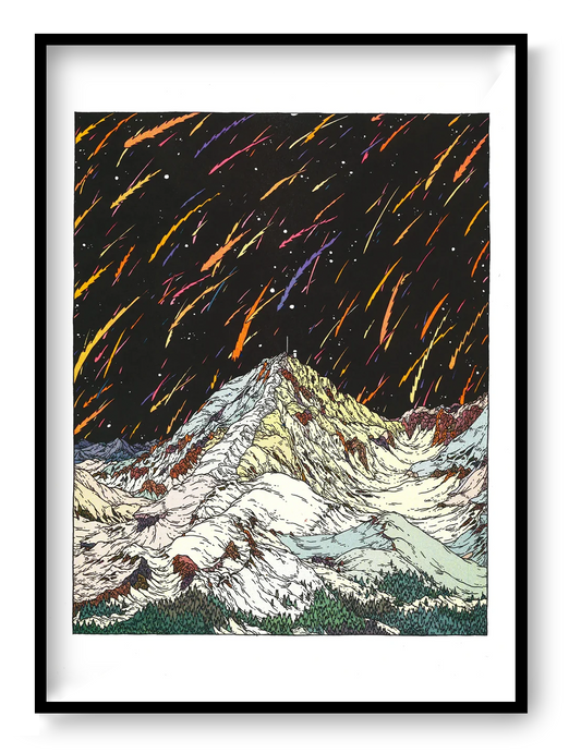 Pic Du Midi by Clément Vuillier, vertical risograph art print showing snowy mountain peaks beneath a black sky with orange, pink, purple and yellow streaks, ideal as bold contemporary wall art.