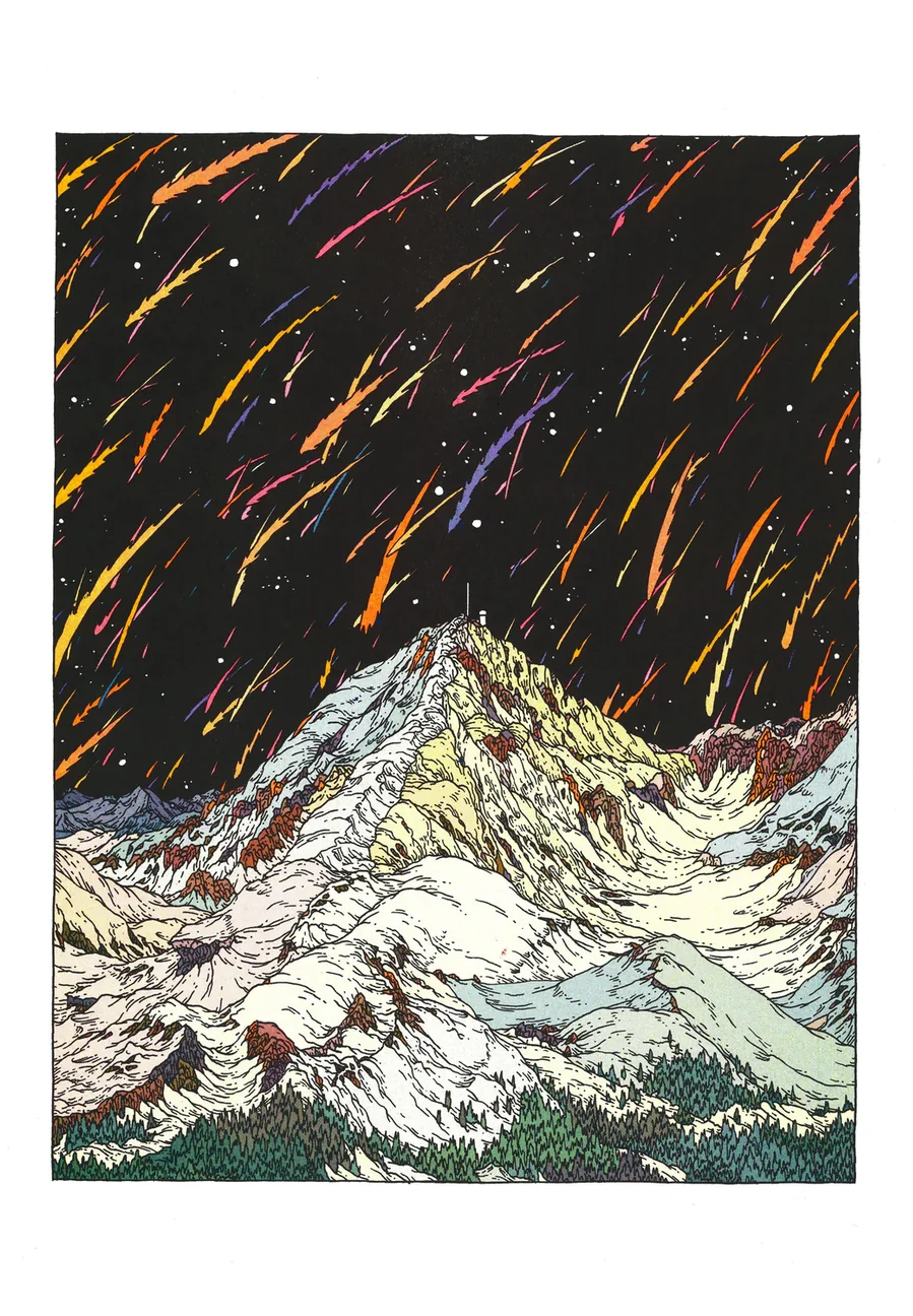 Pic Du Midi by Clément Vuillier, vertical risograph art print showing snowy mountain peaks beneath a black sky with orange, pink, purple and yellow streaks, ideal as bold contemporary wall art.