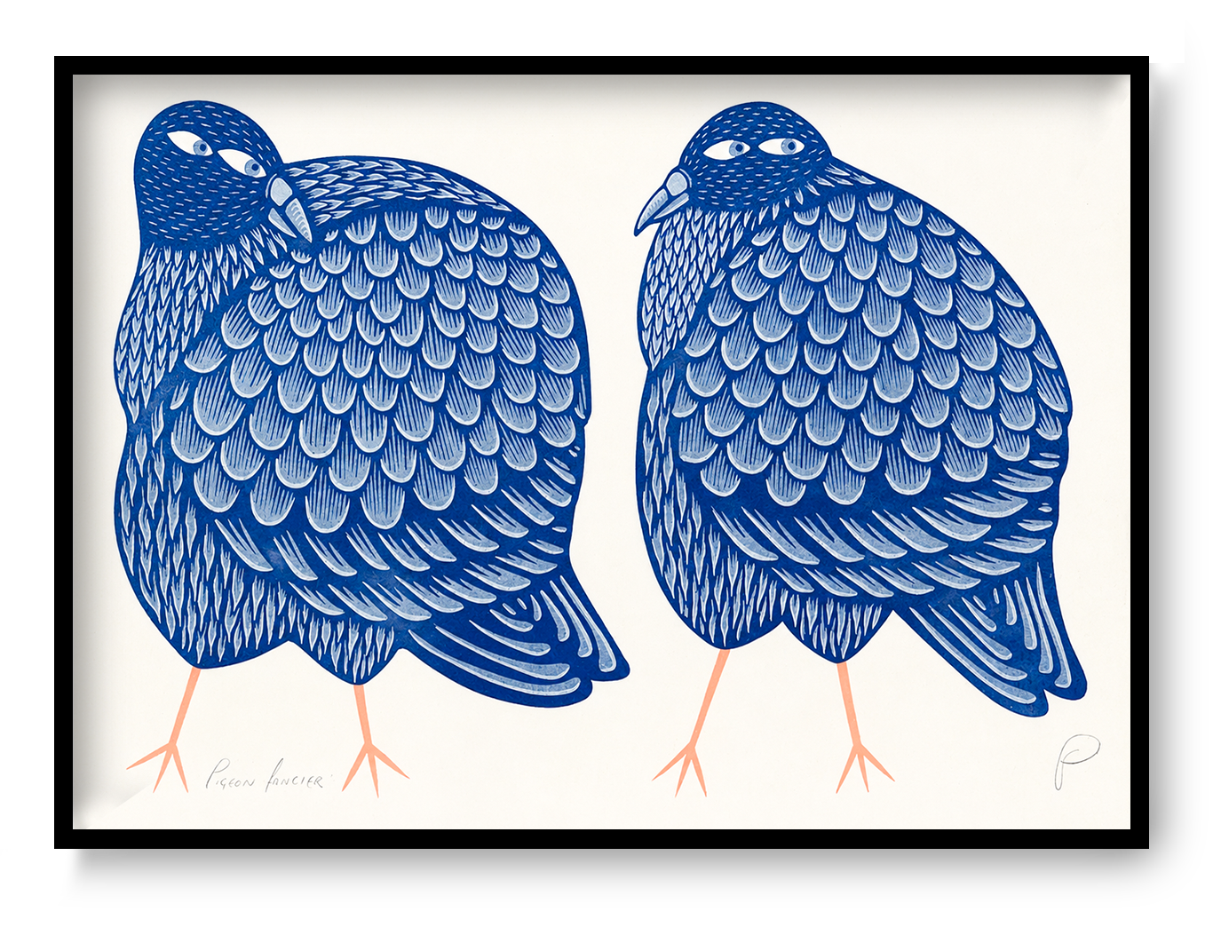 Two plump pigeons illustrated in deep blue and pale blue with peach legs, detailed patterned feathers and playful expressions, horizontal A3 risograph wall art for colourful modern interiors.