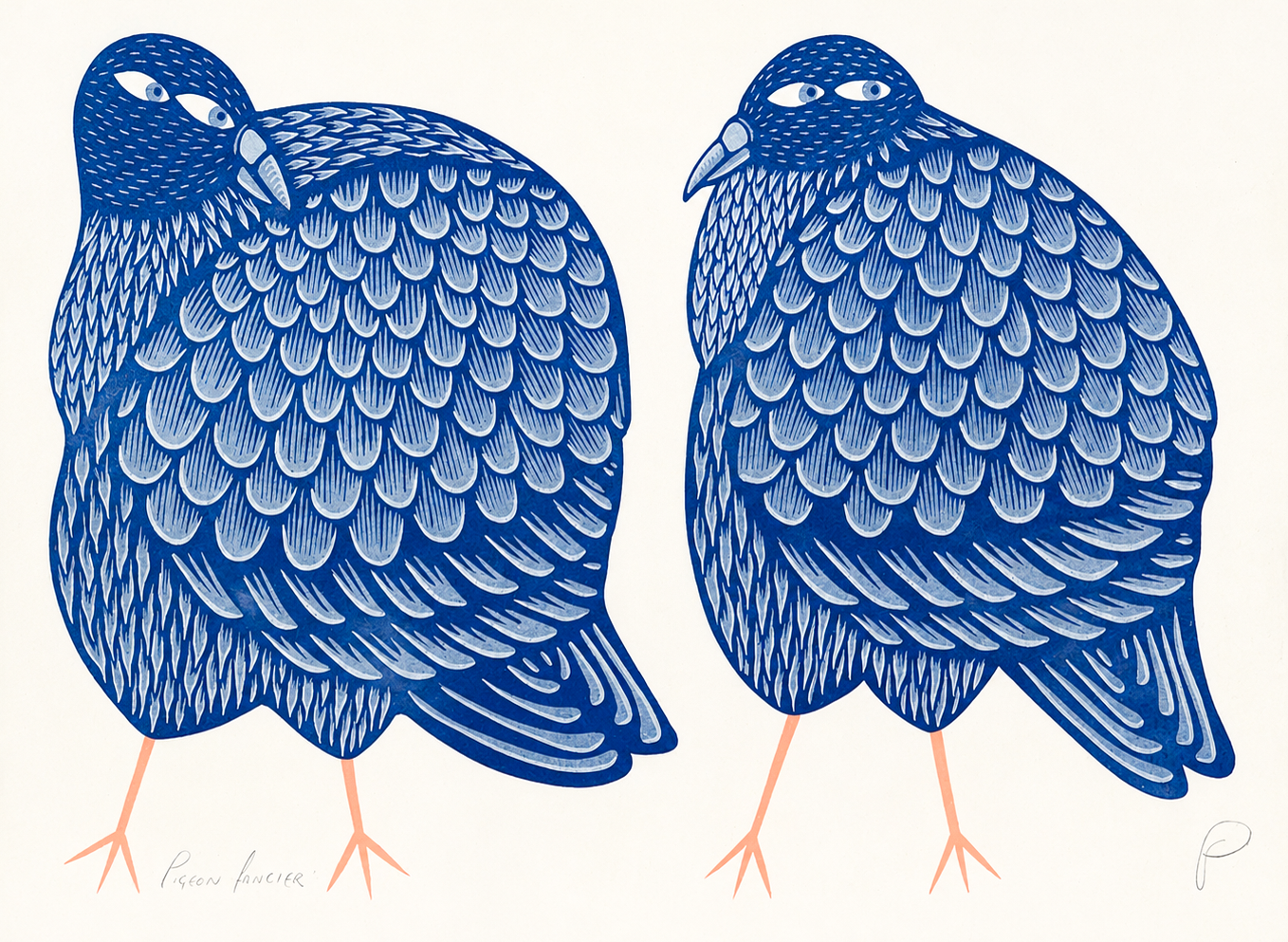 Two plump pigeons illustrated in deep blue and pale blue with peach legs, detailed patterned feathers and playful expressions, horizontal A3 risograph wall art for colourful modern interiors.